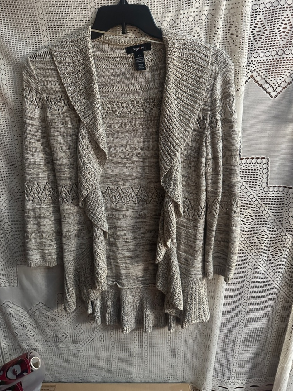 Style & Co. Heathered Beige Open-Front Ruffle Cardigan